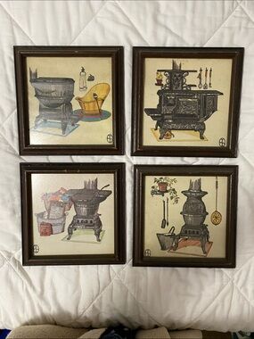 Vintage Stove Illustration Wall Art Set - Brown Frame, Unbranded
